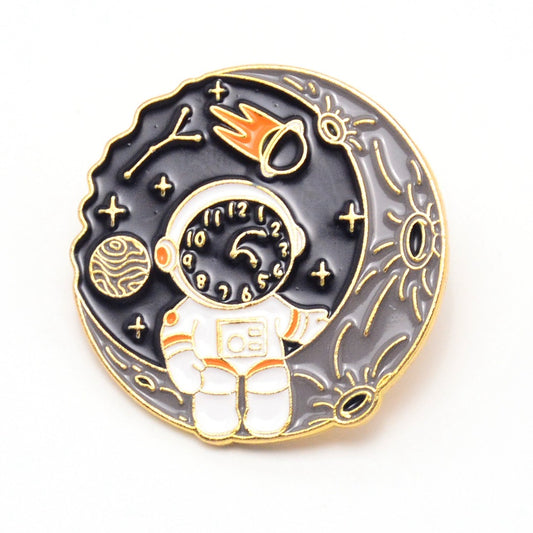 Spacesuit clockface on moon enamel pin