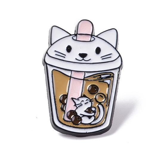 Cat bubble boba tea enamel pin