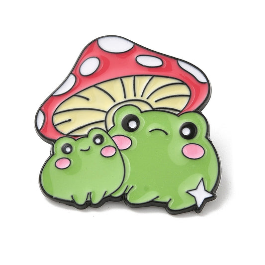 Two frogs sitting under a mushroom enamel pin